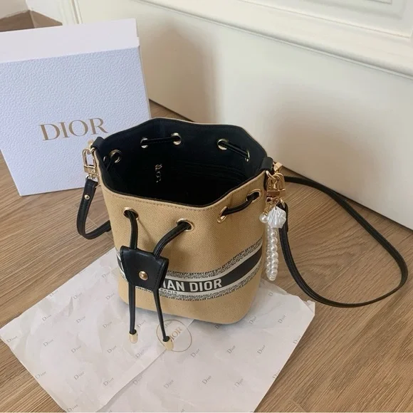 Christian Dior Beige Canvas Bucket Bag with Pearl Charm - Picture 3 of 11